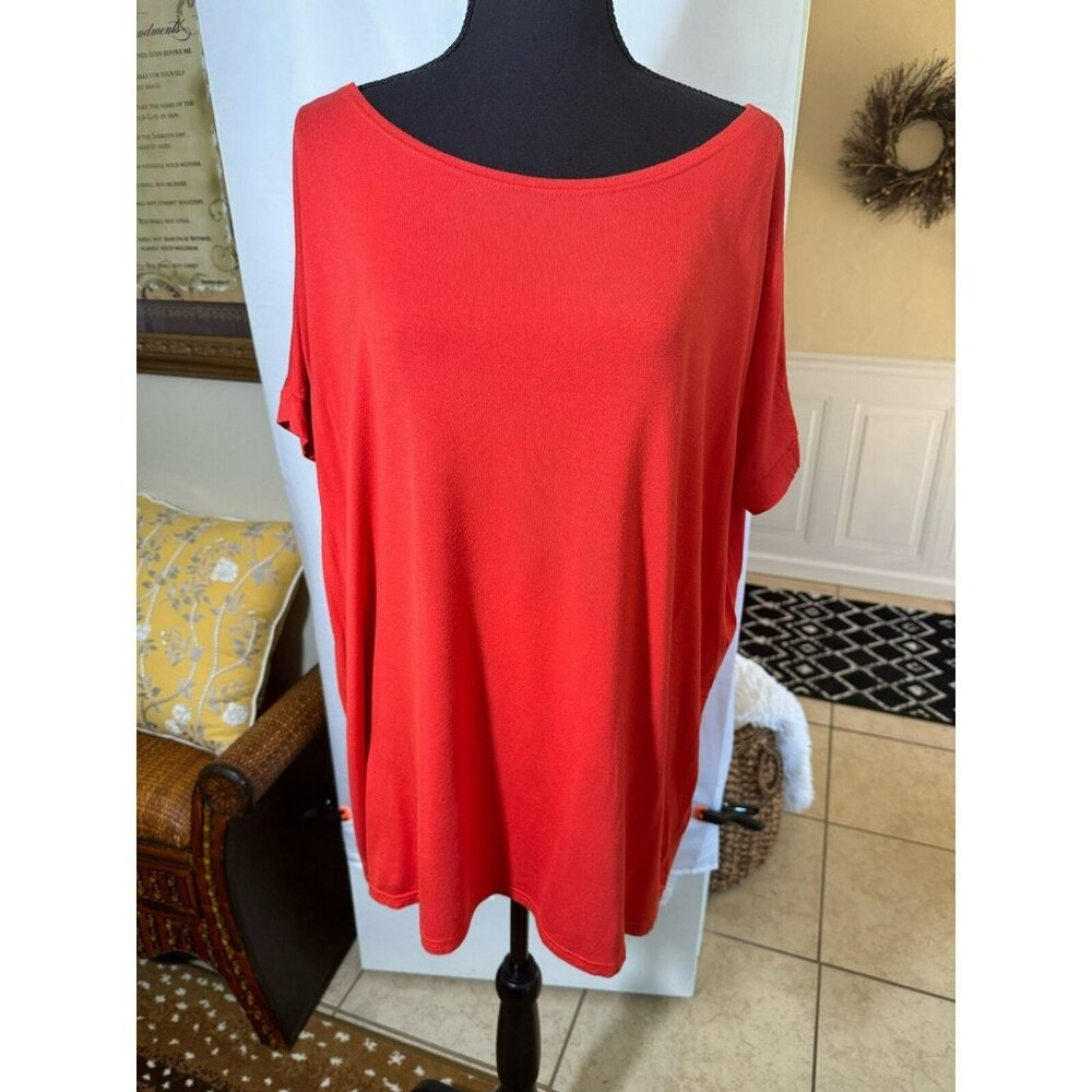 Piko by Anthropologie Coral Bamboo Relaxed Short Sleeve Top Boat Neck Artsy L